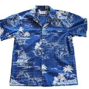Vintage Rai Nani Hawaiian Shirt Mens Extra Large Blue Coastal Beachy Map Trees